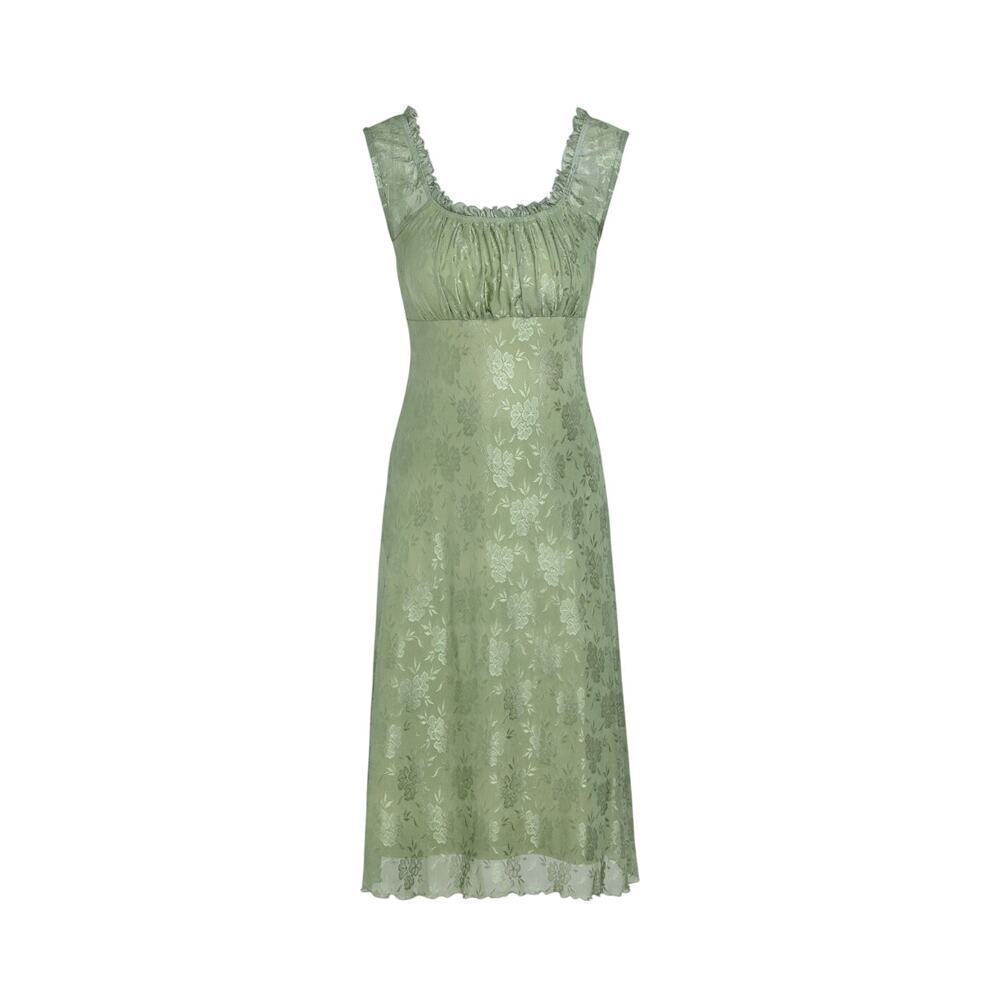 Green Lace Floral Midi Dress Size 3XL – Ruffle Trim Cottagecore Mesh Overlay NWT